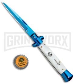 Milano 9" Italian Stiletto White Swirl Automatic Knife - Bayonet Blue Plain -Featured Knife Shop Milano 9in Italian Stiletto White Swirl Auto Bayo Blue GX 35208 jr bottlecap large