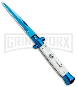 Milano 9" Italian Stiletto White Swirl Automatic Knife - Bayonet Blue Plain