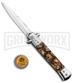 Milano 9" Stiletto Orange Skull Automatic Knife - Bayonet Satin 9 Milano 9" Stiletto Orange Skull Automatic Knife - Bayonet Satin -Featured Knife Shop Milano 9in Stiletto Orange Skull Auto Bayo GSE018CMBRN GX 33510 jr bottlecap large
