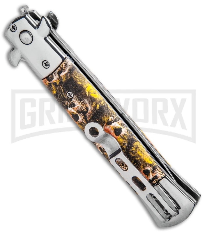 Milano 9" Stiletto Orange Skull Automatic Knife - Bayonet Satin 5 Milano 9" Stiletto Orange Skull Automatic Knife - Bayonet Satin - Image 3