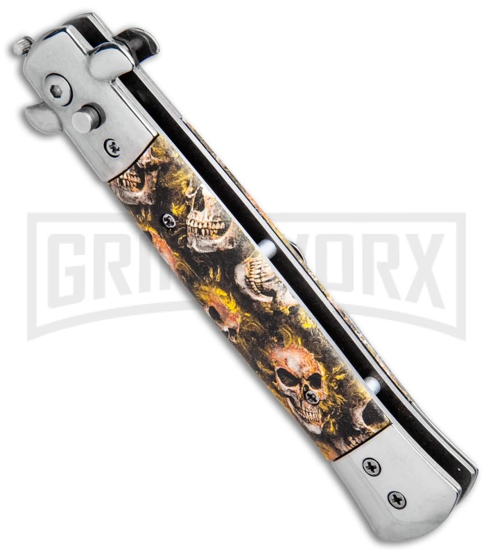 Milano 9" Stiletto Orange Skull Automatic Knife - Bayonet Satin 4 Milano 9" Stiletto Orange Skull Automatic Knife - Bayonet Satin - Image 2