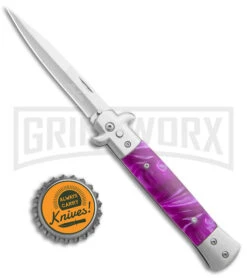 Milano 9" Stiletto Purple Automatic Knife - Satin Bayonet Plain -Featured Knife Shop Milano 9in Stiletto Purple Auto Bayo GX 35311 jr bottlecap large