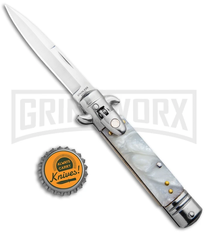 Milano 7.5" Lever Lock Automatic Knife White Marble - Bayonet Satin 7 Milano 7.5" Lever Lock Automatic Knife White Marble - Bayonet Satin - Image 5