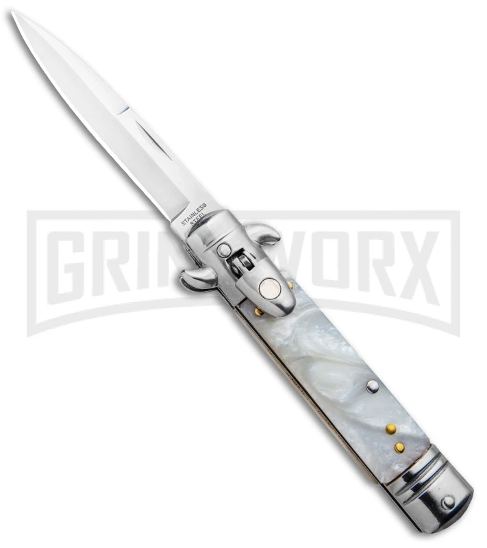 Milano 7.5" Lever Lock Automatic Knife White Marble - Bayonet Satin 3 Milano 7.5" Lever Lock Automatic Knife White Marble - Bayonet Satin