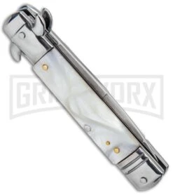 Milano 7.5" Lever Lock Automatic Knife White Marble - Bayonet Satin 9 Milano 7.5" Lever Lock Automatic Knife White Marble - Bayonet Satin -Featured Knife Shop Milano LL Auto White Marble Bayo Satin GSE020MWT GX 33522 jr side large