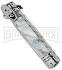 Milano 7.5" Lever Lock Automatic Knife White Marble - Bayonet Satin 8 Milano 7.5" Lever Lock Automatic Knife White Marble - Bayonet Satin -Featured Knife Shop Milano LL Auto White Marble Bayo Satin GSE020MWT GX 33522 jr spine large