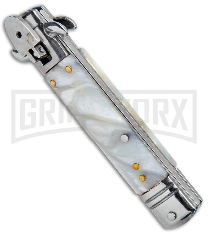 Milano 7.5" Lever Lock Automatic Knife White Marble - Bayonet Satin 4 Milano 7.5" Lever Lock Automatic Knife White Marble - Bayonet Satin - Image 2