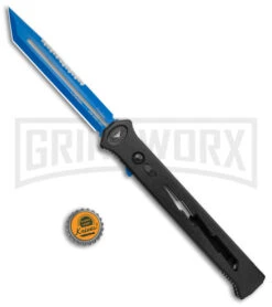 Paragon Estiletto Black Bolt Automatic OTF Knife - Blue Tanto -Featured Knife Shop Paragon Estiletto Tanto OTF Auto Black Lightning Bolt Blue Serr EST T LB B CBLU BHQ 103600 jr bottlecap large