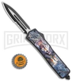 Rumble Black D/A OTF Automatic Knife Dagger Wolf Graphic - Two Tone Plain Serr -Featured Knife Shop Rumble Black DA OTF Auto Dagger Wolf Graphic TT Plain Serr GX 36384 jr bottlecap large