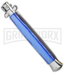 SKM 13" Italian Stiletto Blue Pearlex Automatic Knife - Flat Grind 8 SKM 13" Italian Stiletto Blue Pearlex Automatic Knife - Flat Grind -Featured Knife Shop SKM 13in Italian Stiletto Auto Blue Pearlex Satin Flat BHQ 95349 jr side large