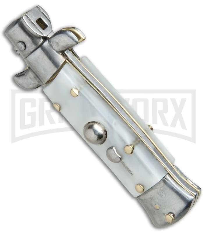 SKM 4.5" Italian Mini Stiletto White Pearlex Automatic Knife - Swedge 4 SKM 4.5" Italian Mini Stiletto White Pearlex Automatic Knife - Swedge - Image 2