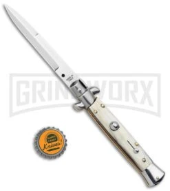 SKM 9" Italian Stiletto Honey Horn Automatic Knife - Bayonet -Featured Knife Shop SKM 9in Italian Stiletto Auto Honey Horn Satin Bayo BHQ 131268 jr bottlecap large