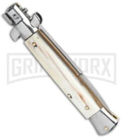 SKM 9" Italian Stiletto Honey Horn Automatic Knife - Bayonet -Featured Knife Shop SKM 9in Italian Stiletto Auto Honey Horn Satin Bayo BHQ 131268 jr side large