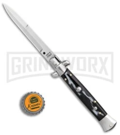 SKM 9" Italian Stiletto Sim Dark Horn Automatic Knife - Satin Bayonet -Featured Knife Shop SKM 9in Italian Stiletto Sim Dark Horn Bayonet GX 31314 er bottlecap large