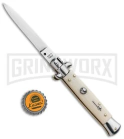 SKM 9" Italian Stiletto Simulated Ivory Automatic Knife - Flat Satin Plain -Featured Knife Shop SKM 9in Stiletto Auto Sim Ivory Satin Flat BHQ 92043 jr bottlecap large