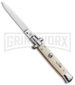 SKM 9" Italian Stiletto Simulated Ivory Automatic Knife - Flat Satin Plain