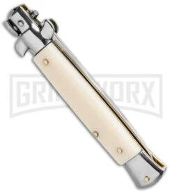 SKM 9" Italian Stiletto Simulated Ivory Automatic Knife - Flat Satin Plain -Featured Knife Shop SKM 9in Stiletto Auto Sim Ivory Satin Flat BHQ 92043 jr side large