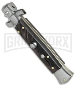 SKM/AB 8" Italian Stiletto Dark Horn Automatic Knife - Satin Dagger 8 SKM/AB 8" Italian Stiletto Dark Horn Automatic Knife - Satin Dagger -Featured Knife Shop SKM AB 8in italian stiletto dark horn satin dagger BP 22713 er spine large