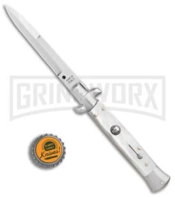 SKM 9" Italian Stiletto White Pearlex Automatic Knife - Satin Bayonet -Featured Knife Shop SKM AB 9in Italian Stiletto Auto White Pearlex Satin Bayonet BHQ 51164 er bottlecap large