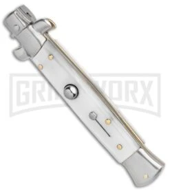 SKM 9" Italian Stiletto White Pearlex Automatic Knife - Satin Bayonet -Featured Knife Shop SKM AB 9in Italian Stiletto Auto White Pearlex Satin Bayonet BHQ 51164 er spine large