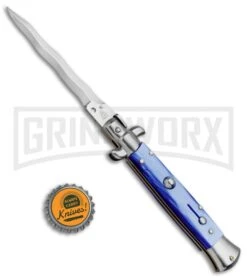 SKM/AB 9" Blue Pearlex Automatic Stiletto Knife - Satin Kris 9 SKM/AB 9" Blue Pearlex Automatic Stiletto Knife - Satin Kris -Featured Knife Shop SKM AB 9in Italian Stiletto Pearlex Blue Kriss BP 3317 jr bottlecap large