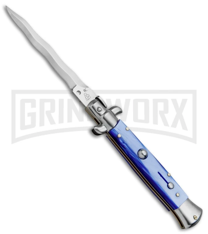 SKM/AB 9" Blue Pearlex Automatic Stiletto Knife - Satin Kris 3 SKM/AB 9" Blue Pearlex Automatic Stiletto Knife - Satin Kris