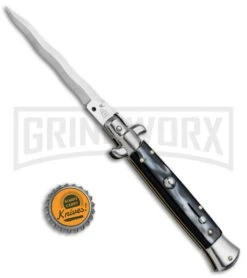 SKM/AB 9" Sim Horn Automatic Stiletto Knife - Satin Kris 9 SKM/AB 9" Sim Horn Automatic Stiletto Knife - Satin Kris -Featured Knife Shop SKM AB 9in Italian Stiletto Sim Horn Kriss BP 2662 jr bottlecap large