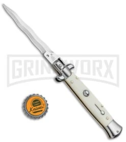 SKM/AB 9" Sim Ivory Automatic Stiletto Knife - Satin Kris -Featured Knife Shop SKM AB 9in Italian Stiletto Sim Ivory Kriss BP 6577 jr bottlecap 2 large