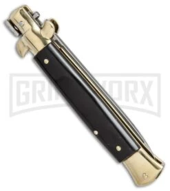 SKM 9" Italian Stiletto Dark Horn Brass Automatic Knife - Flat -Featured Knife Shop SKM AB 9in dark horn flat BP 18938 er side large