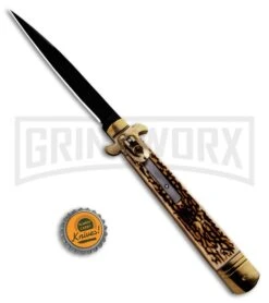 CKM 9.75" Slimline Stag Leverlock Automatic Knife - Black -Featured Knife Shop SKM Slimline Stag Leverlock Knife BHQ 94931 ns.bottlecap large