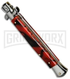 SKM Red Swirl Tiger Stripe 11" Automatic Stiletto Knife (Flat Grind) 7 SKM Red Swirl Tiger Stripe 11" Automatic Stiletto Knife (Flat Grind) -Featured Knife Shop SKM Stiletto 11in Red Swirl Flat BP 6145 jr side large