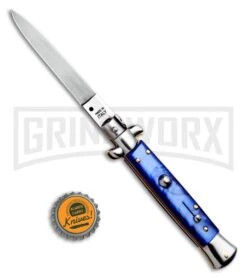 SKM 9" Italian Stiletto Blue Acrylic Automatic Knife - Flat Satin Plain 9 SKM 9" Italian Stiletto Blue Acrylic Automatic Knife - Flat Satin Plain -Featured Knife Shop SKM Stiletto Automatic Dagger Knife Blue BHQ 95294 ns bottlecap large