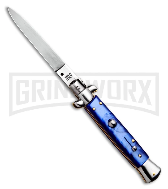 SKM 9" Italian Stiletto Blue Acrylic Automatic Knife - Flat Satin Plain 3 SKM 9" Italian Stiletto Blue Acrylic Automatic Knife - Flat Satin Plain