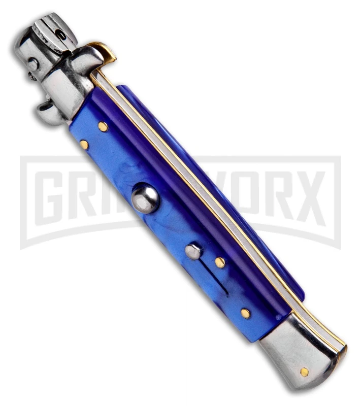 SKM 9" Italian Stiletto Blue Acrylic Automatic Knife - Flat Satin Plain 4 SKM 9" Italian Stiletto Blue Acrylic Automatic Knife - Flat Satin Plain - Image 2