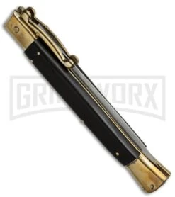 AGA Campolin 13" Stiletto Brass Swinguard Ebony Wood Automatic Knife - Dagger -Featured Knife Shop aga 13in swing brass ebony dagger side cm large