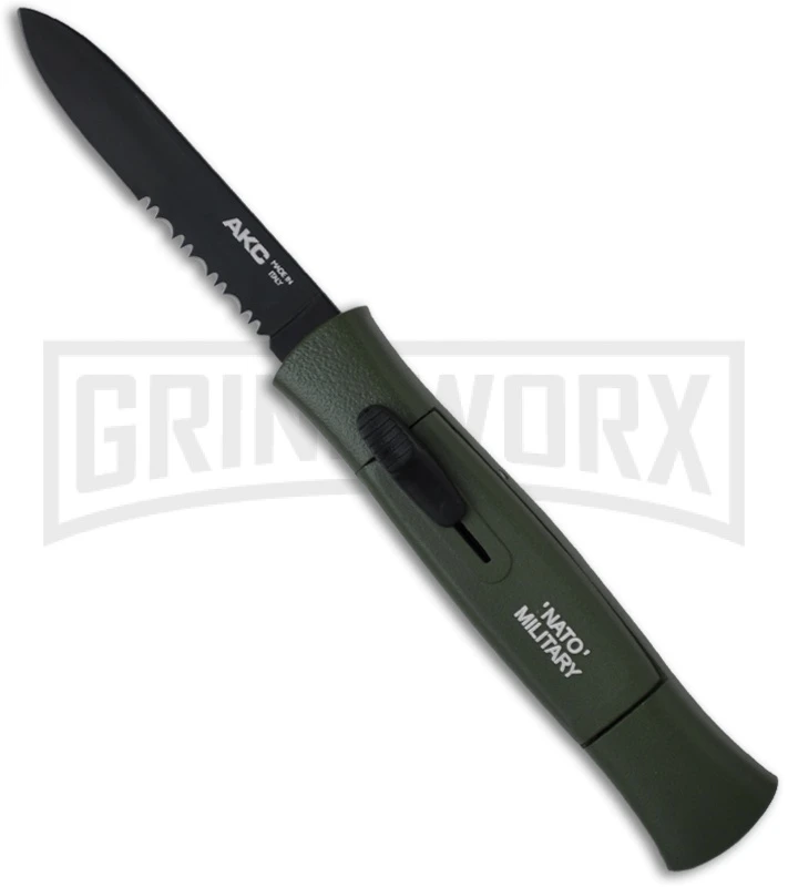 AKC 077 Concord NATO Military Green OTF Automatic Knife - Flat Grind Black Serr 3 AKC 077 Concord NATO Military Green OTF Automatic Knife - Flat Grind Black Serr