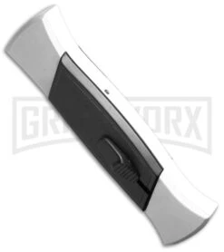 AKC 777 Blackfinger White/Black OTF Automatic Knife - Flat Grind Satin Plain -Featured Knife Shop akc 777 white satin flat bottom cm large