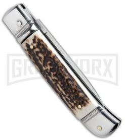AKC 8" Italian Stiletto Lever Lock Stag Horn Automatic Knife - Flat Grind -Featured Knife Shop akc lever lock stag side large