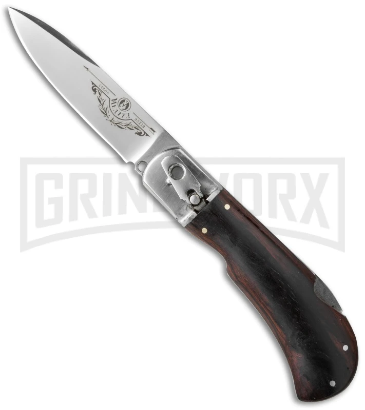 8" Medteh Russian Leverlock Dark Wood Stiletto Automatic Knife - Satin Plain 3 8" Medteh Russian Leverlock Dark Wood Stiletto Automatic Knife - Satin Plain