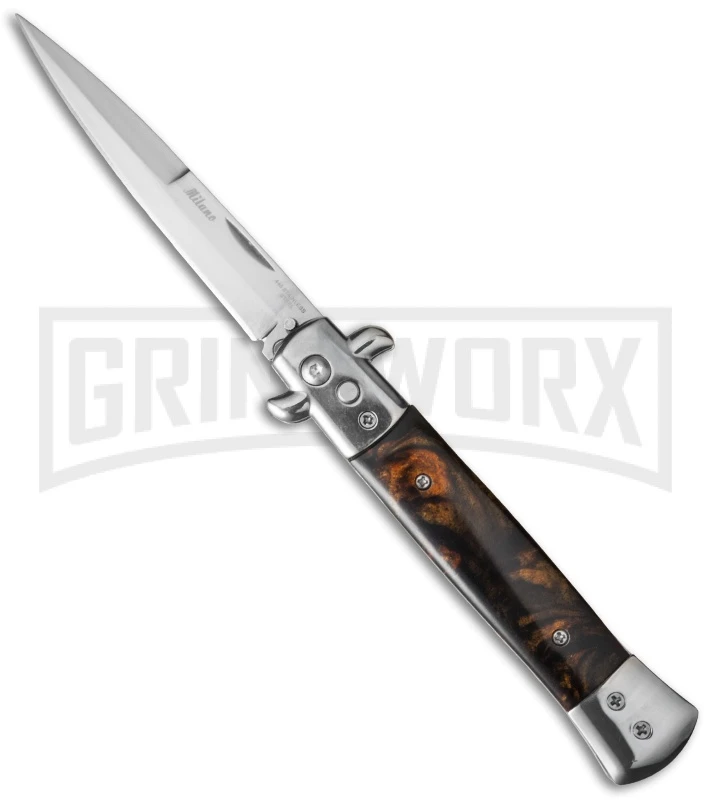 Milano 9" Stiletto Brown Acrylic Automatic Knife - Bayonet 3 Milano 9" Stiletto Brown Acrylic Automatic Knife - Bayonet