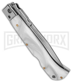 Italian Style 9" Roma White Acrylic Automatic Swinguard - Polished Plain -Featured Knife Shop italian Style 9in Roma Drop Point Auto Swinguard White Acrylic 3in Polished BHQ 175952 td side large