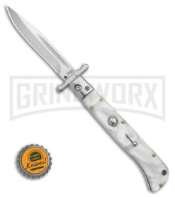Italian Style 9" Roma White Acrylic Automatic Swinguard - Polished Plain -Featured Knife Shop italian Style 9in Roma Drop Point Auto Swinguard White Acrylic 3in Polished BHQ 175952 td size large