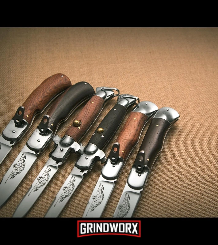 8" Medteh Russian Leverlock Dark Wood Stiletto Automatic Knife - Satin Plain 5 8" Medteh Russian Leverlock Dark Wood Stiletto Automatic Knife - Satin Plain - Image 3