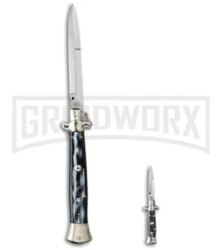 SKM 4.5" Italian Mini Stiletto Dark Horn Automatic Knife - Satin Kris -Featured Knife Shop skm 4in stiletto dark horn bayo size cm large