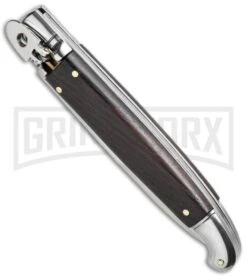 SKM 9.5" Dark Wood Fancy LeverLock Automatic Stiletto Knife - Satin Bayo -Featured Knife Shop skm 9 5in wood leverlock bottom cm large