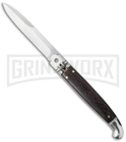 SKM 9.5" Dark Wood Fancy LeverLock Automatic Stiletto Knife - Satin Bayo