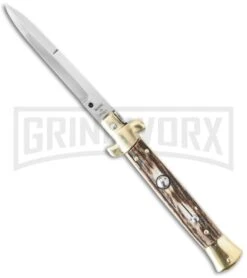 SKM 9" Italian Stiletto Stag Horn Brass Automatic Knife - Bayonet
